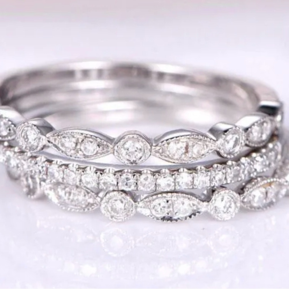 Art Deco Half Eternity 3PC Stacking Wedding Band Set In Sterling Silver